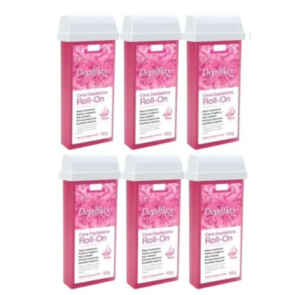 Kit 6 Refil Cera Depilatória Roll On Rosa Depilflax 100g