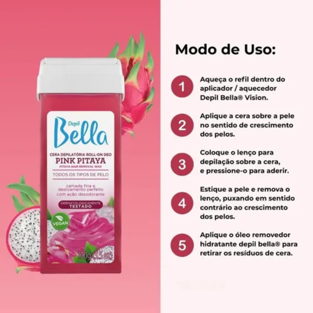 Kit 6 Refil Cera Depilatória Roll On Deo Pink Pitaya Depil Bella 100g