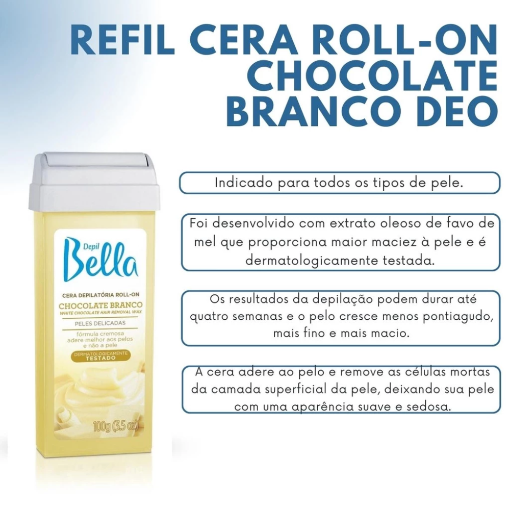 Kit 6 Refil Cera Depilatória Roll On Deo Chocolate Branco Depil Bella 100g