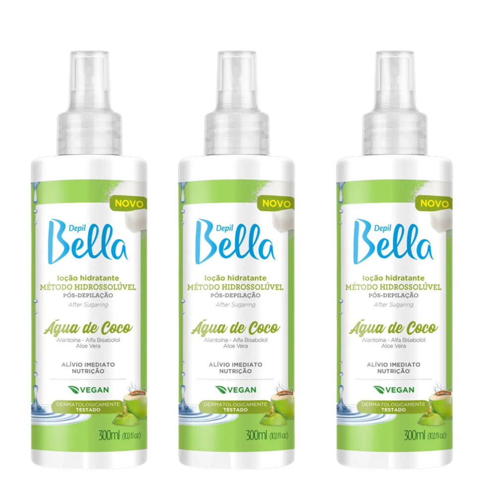 Kit Com 3 Loção Hidratante Hidrossolúvel Água De Coco Pós Depilação Depil Bella 300ml