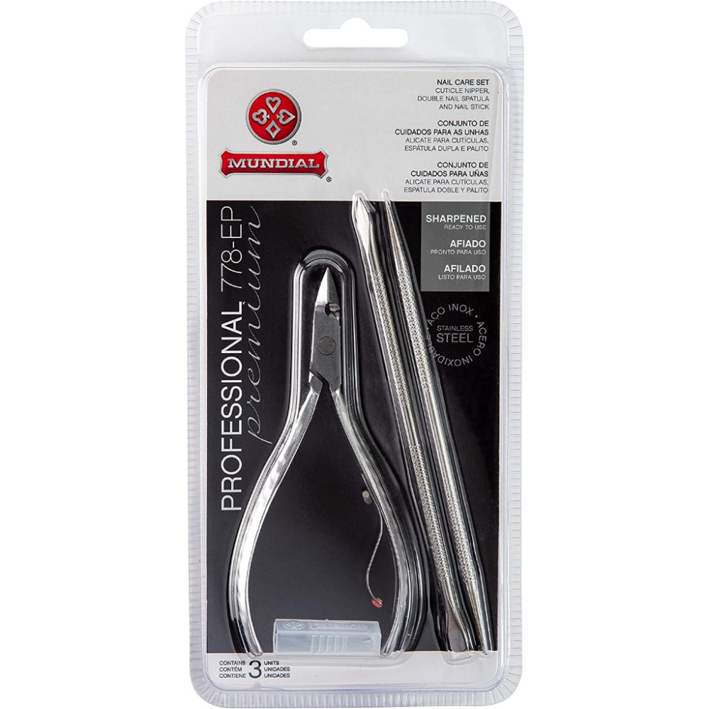 Alicate Para Cutículas Profissional 778 + Espátula + Palito Em Inox Mundial
