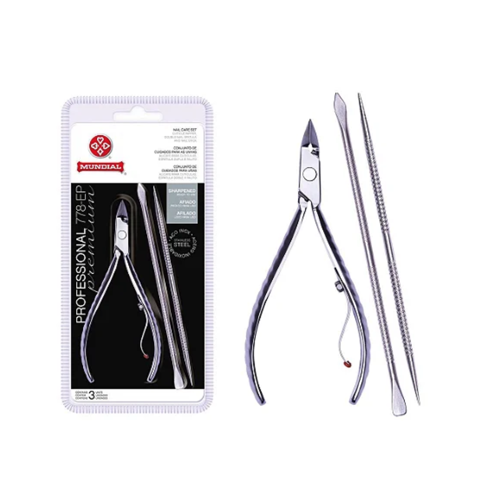 Alicate Para Cutículas Profissional 778 + Espátula + Palito Em Inox Mundial