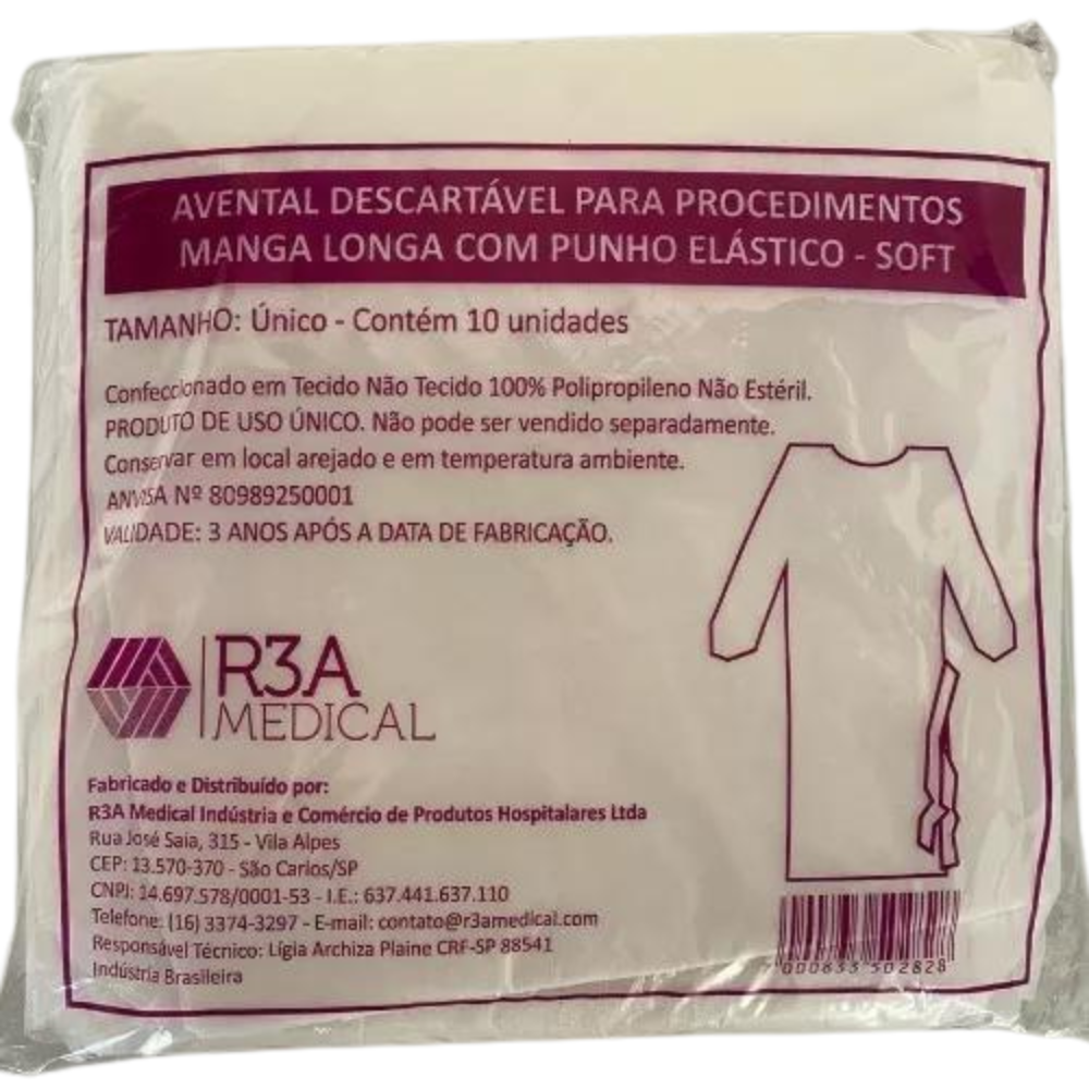 Pacote Avental Descartável Em TNT Manga Longa Com Punho Elástico Soft 10 Unidades