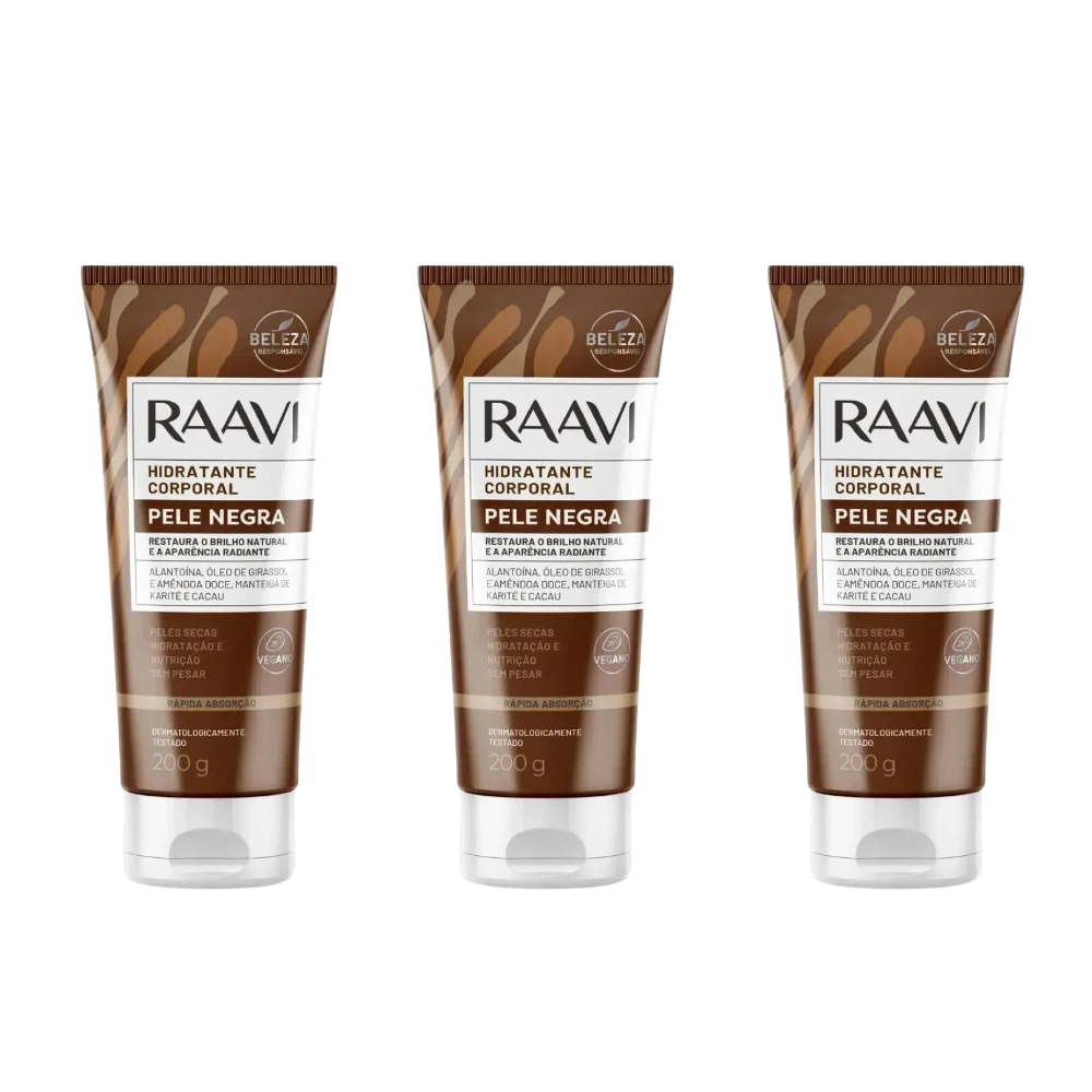 Kit Com 3 Hidratante Corporal Pele Negra Raavi 200g