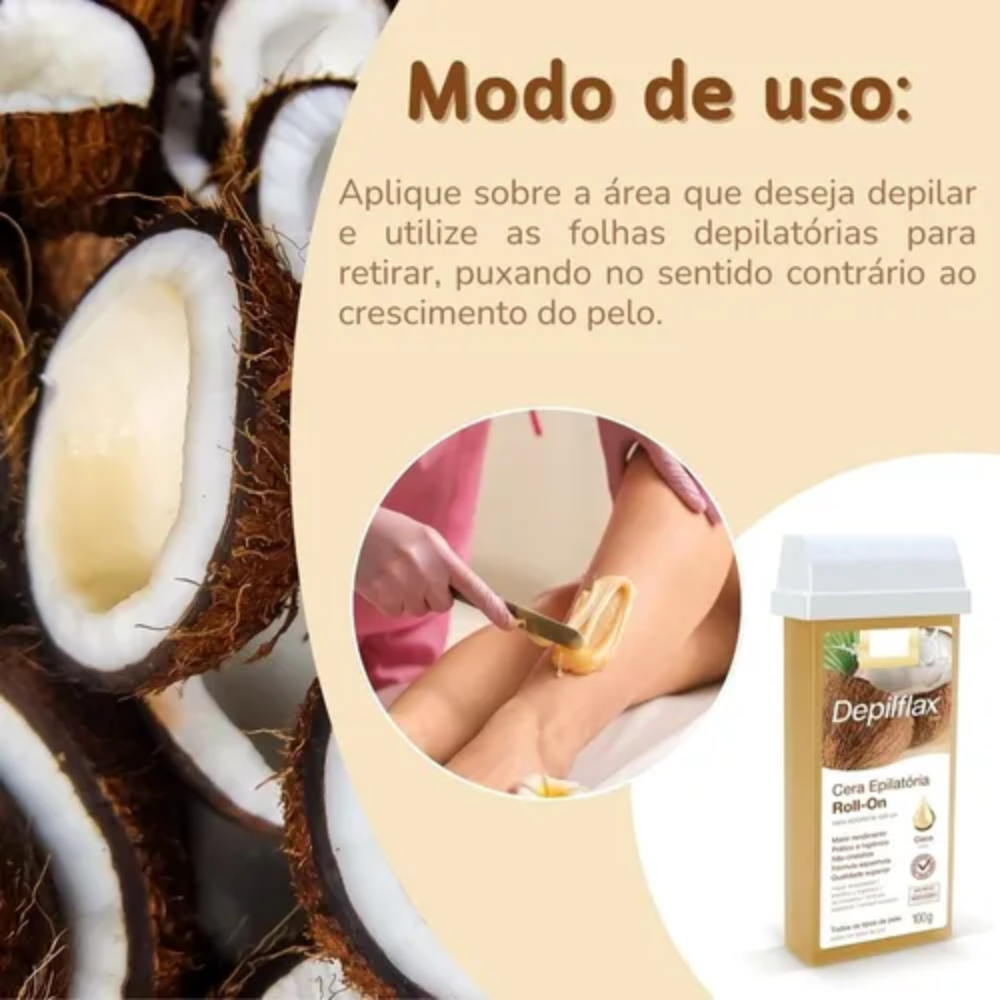 Kit 6 Refil Cera Depilatória Roll On Coco Depilflax 100g
