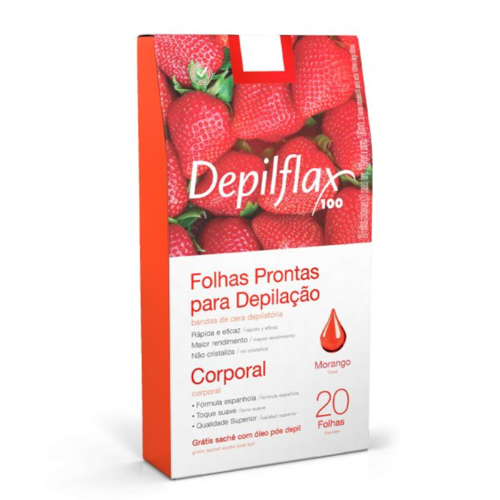 Cera Em Folhas Depilatórias Depilflax Corporal 20 Unidades Morango