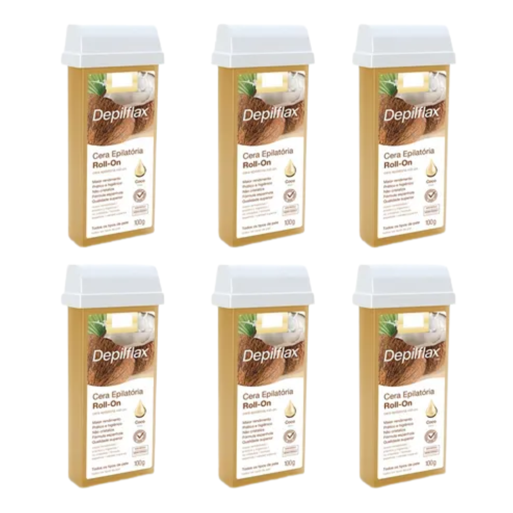 Kit 6 Refil Cera Depilatória Roll On Coco Depilflax 100g