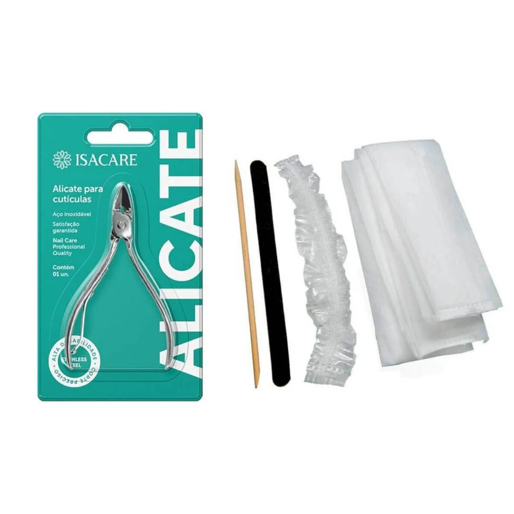 Kit Alicate Cutícula Aço Inoxidável Isacare Personal + Kit Pedicure Descartável 4 Peças Santa Clara 911