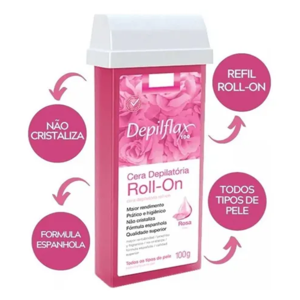 Kit 6 Refil Cera Depilatória Roll On Rosa Depilflax 100g