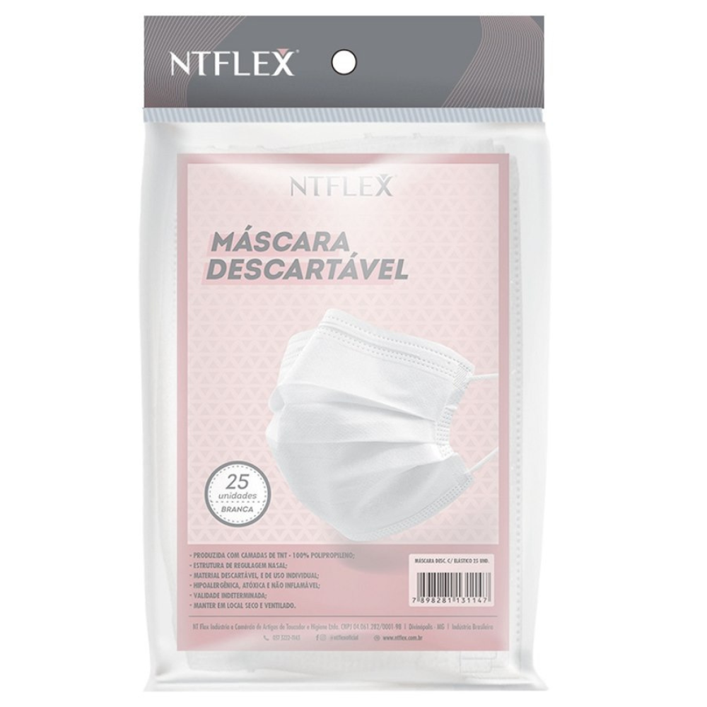 Pacote de Máscaras Descartáveis com Elástico 25 Unidades Ntflex