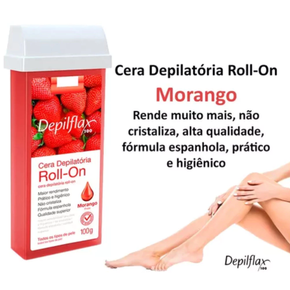 Kit 6 Refil Cera Depilatória Roll On Morango Depilflax 100g
