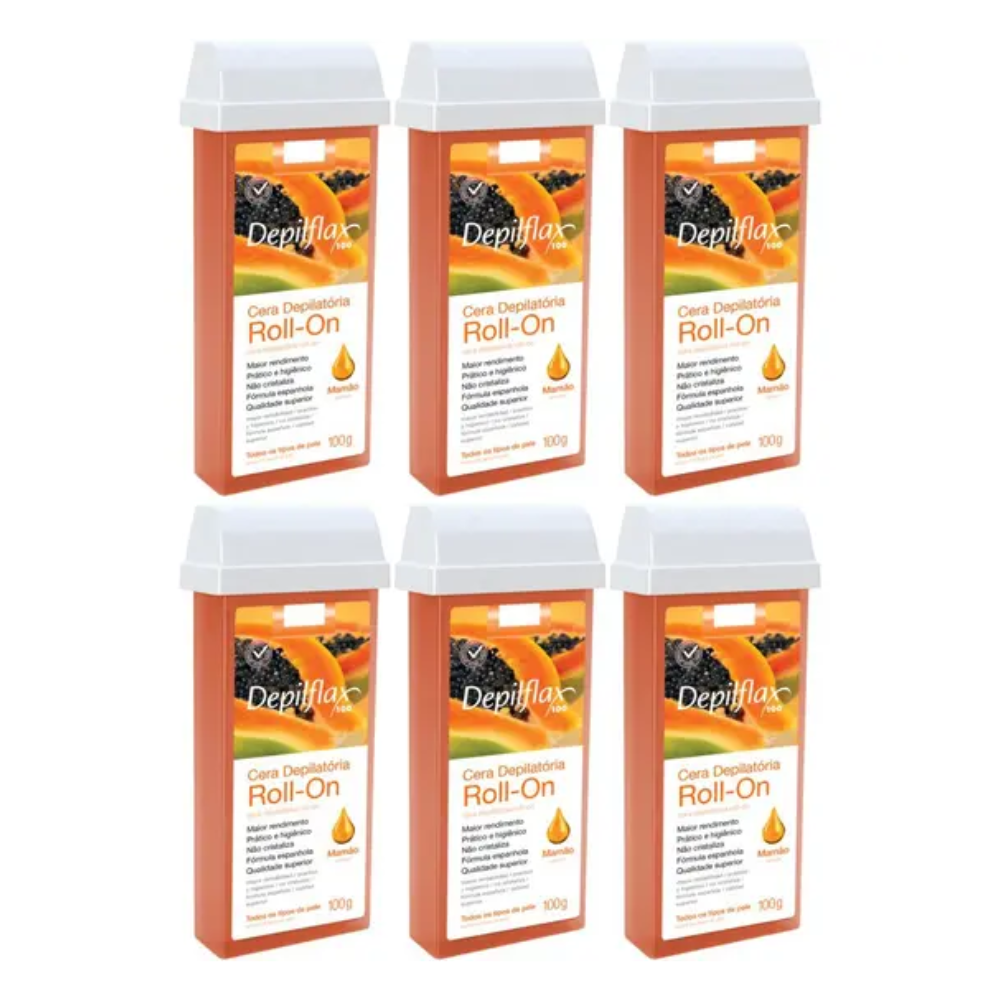 Kit 6 Refil Cera Depilatória Roll On Mamão Depilflax 100g