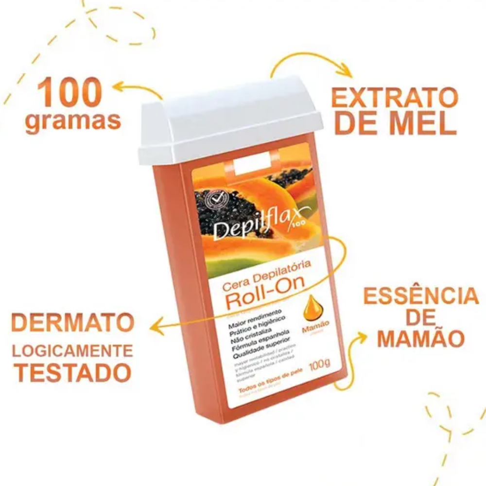 Kit 6 Refil Cera Depilatória Roll On Mamão Depilflax 100g