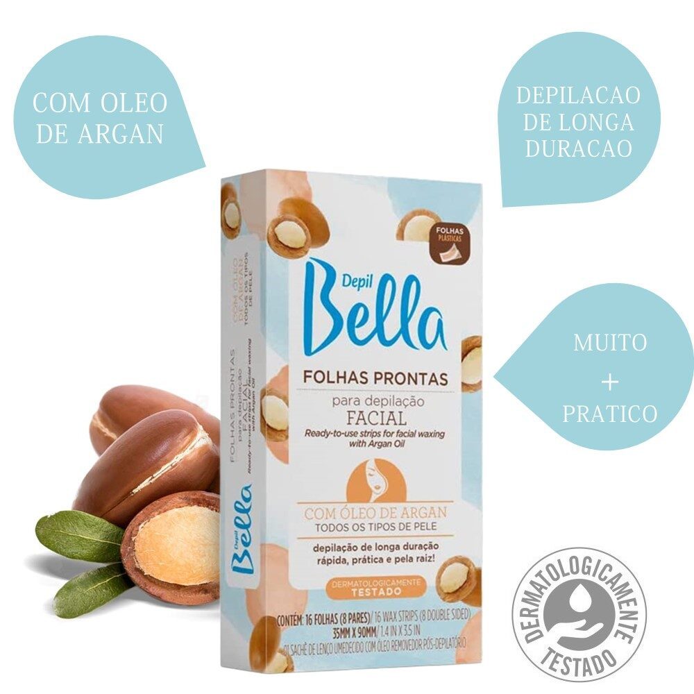 Cera Em Folhas Prontas Para Depilação Facial Com Óleo de Argan Depil Bella 16 folhas