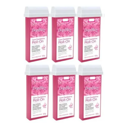 Kit 6 Refil Cera Depilatória Roll On Rosa Depilflax 100g