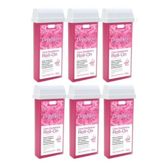 Kit 6 Refil Cera Depilatória Roll On Rosa Depilflax 100g