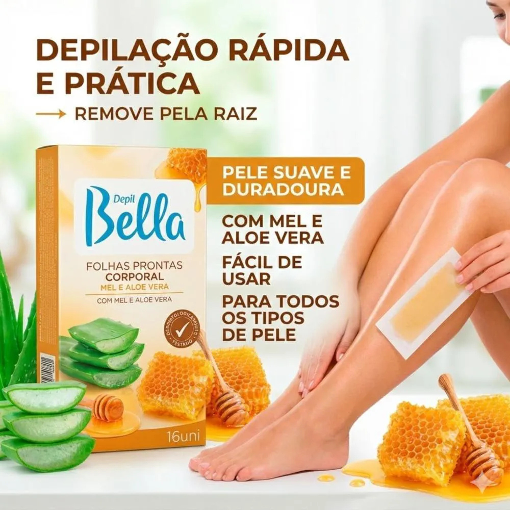 Cera Em Folhas Prontas Para Depilação Corporal Mel Com Aloe Vera Depil Bella 16 folhas