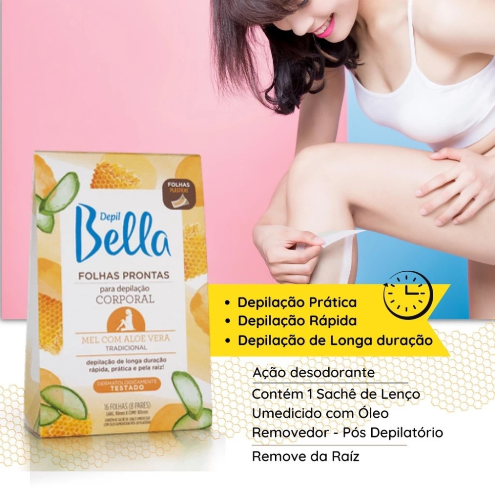 Cera Em Folhas Prontas Para Depilação Corporal Mel Com Aloe Vera Depil Bella 16 folhas