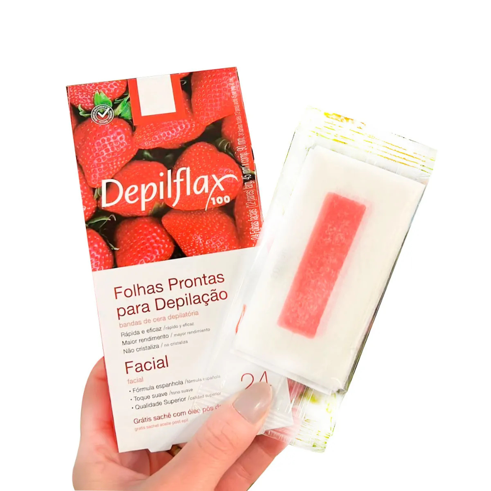 Cera Em Folhas Depilatórias Depilflax Facial 24 Unidades Morango