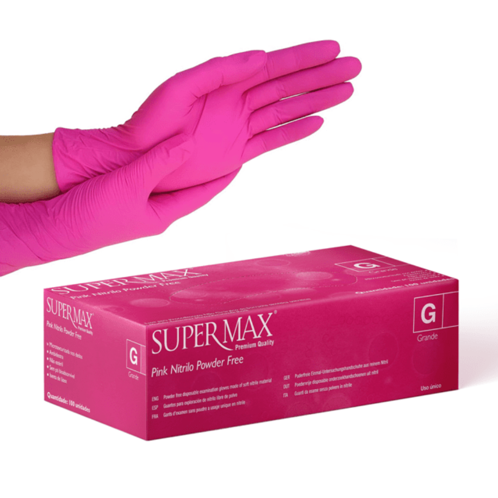 Caixa De Luvas Nitrílicas Super Max Tamanho G Com 100 Unidades Rosa