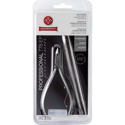 Alicate Para Cutículas Profissional 778 + Espátula + Palito Em Inox Mundial