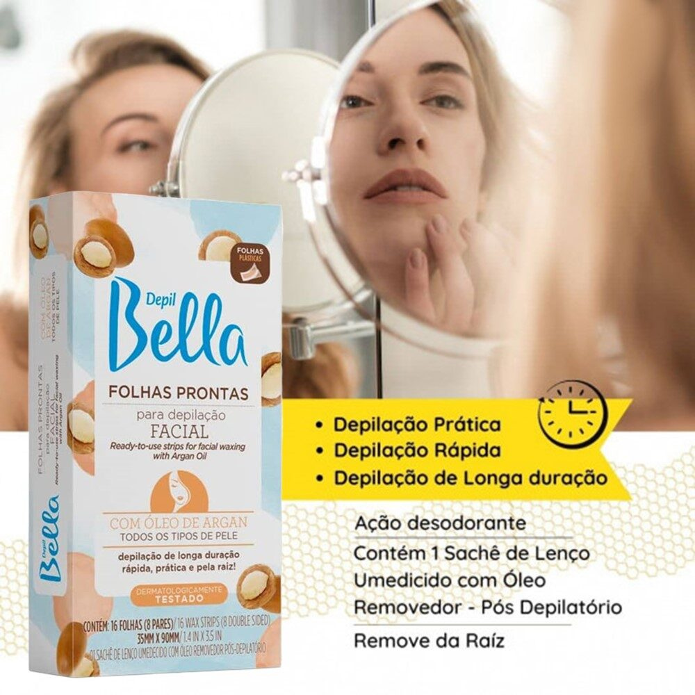 Cera Em Folhas Prontas Para Depilação Facial Com Óleo de Argan Depil Bella 16 folhas