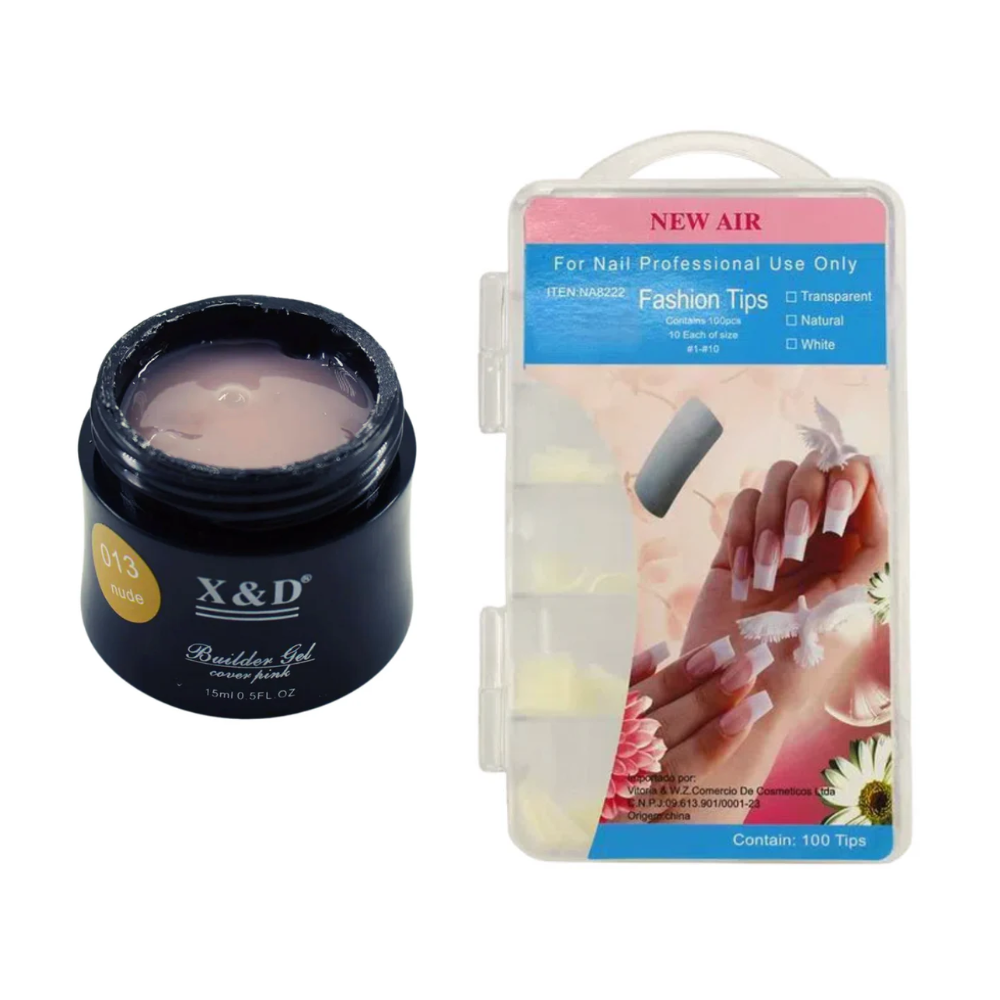 Kit Builder Gel XeD 15g Nude 13 + Tips Leitosa 100 Unidades New Air