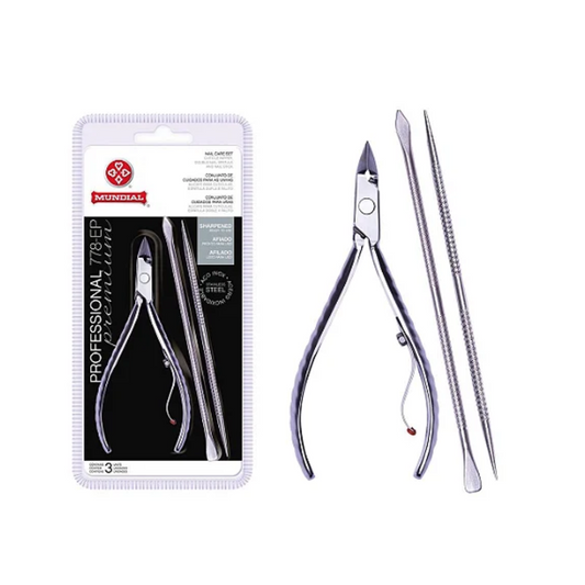 Alicate Para Cutículas Profissional 778 + Espátula + Palito Em Inox Mundial