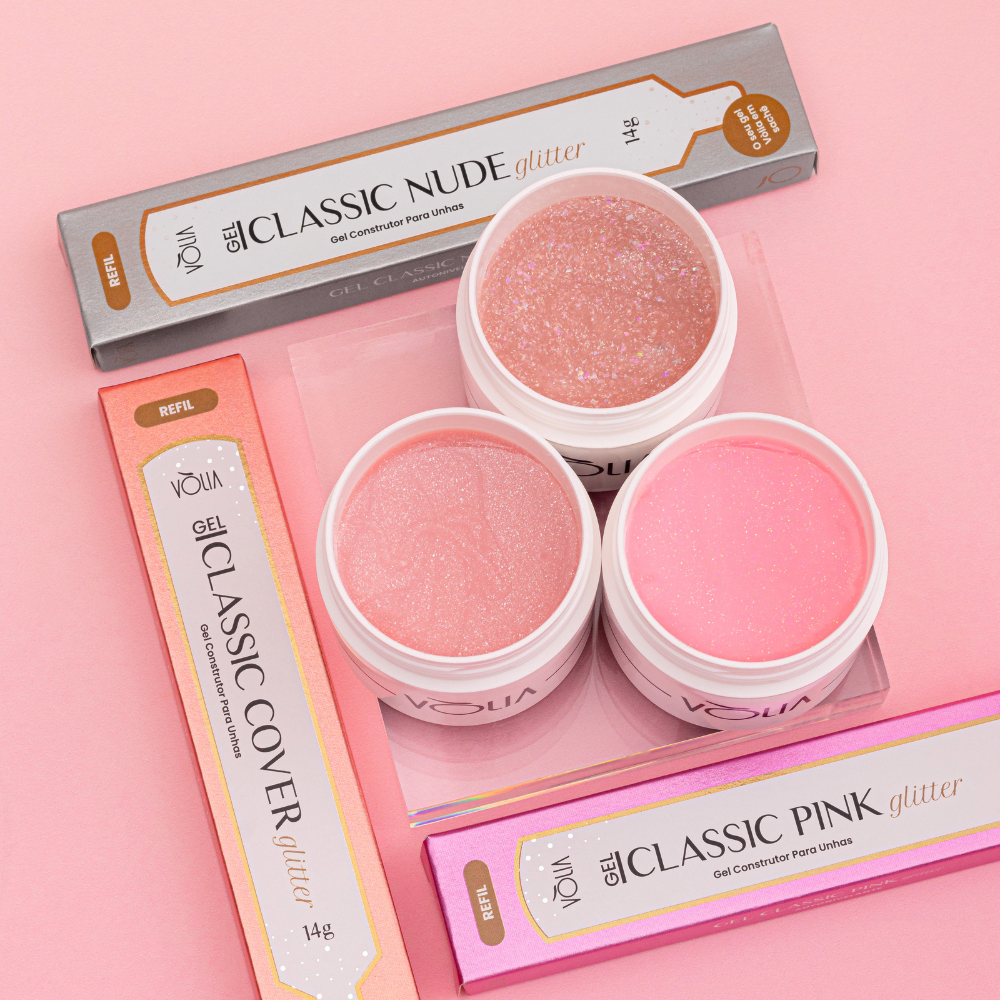 Kit Gel Refil Sachê Vòlia 14g Classic Pink Glitter + Pote Eco Vòlia 30g Lavanda