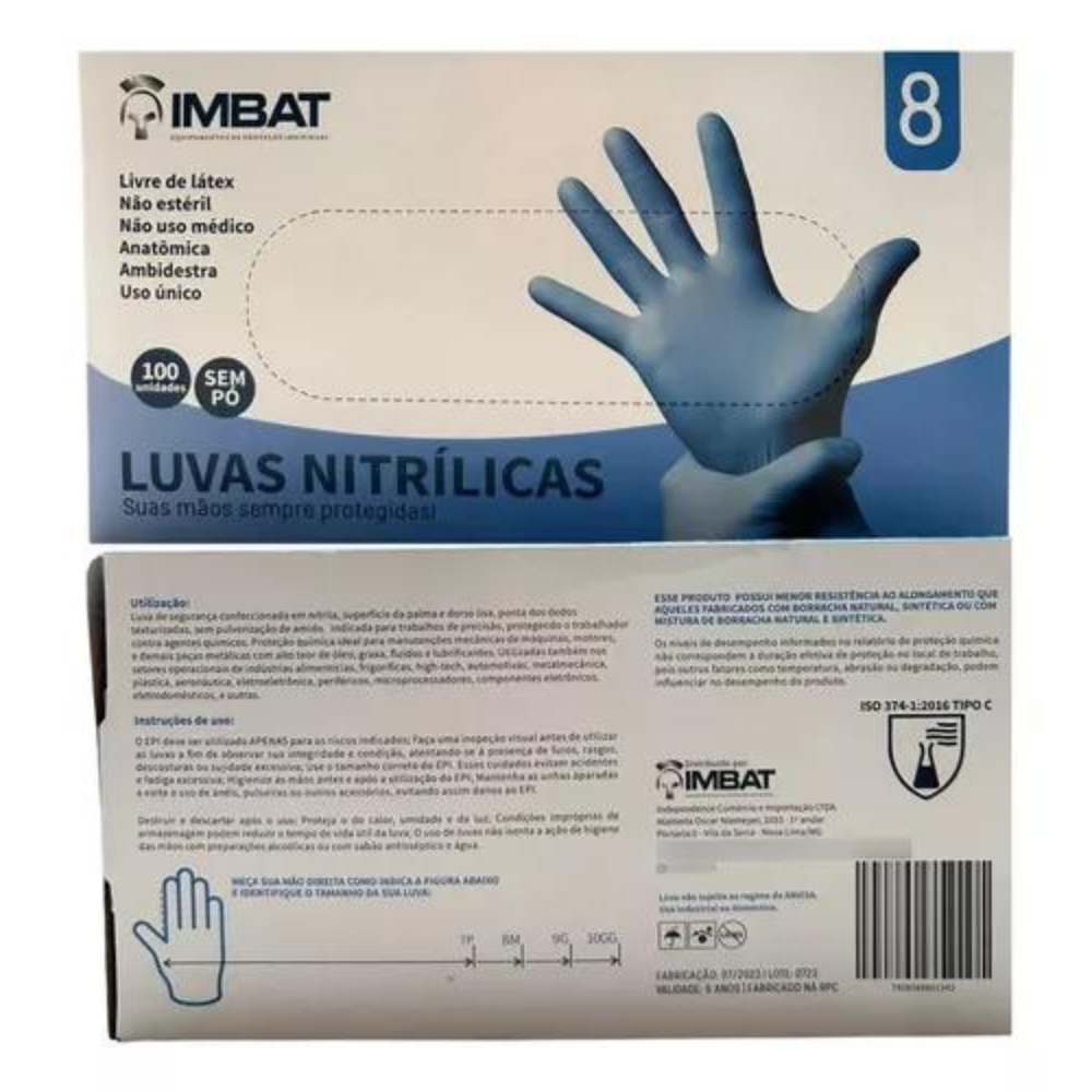 Caixa De Luvas Nitrílicas Sem Pó Azul 100 Unidades Tamanho G Imbat