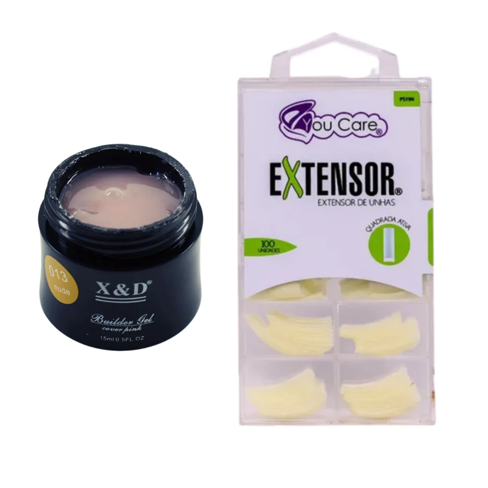 Kit Builder Gel XeD 15g Nude 13 + Tips Extensor De Unhas Quadrada Ativa 100 Unidades You Care