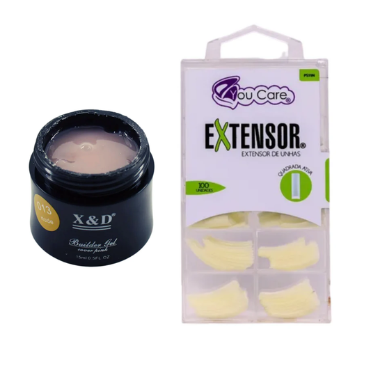 Kit Builder Gel XeD 15g Nude 13 + Tips Extensor De Unhas Quadrada Ativa 100 Unidades You Care