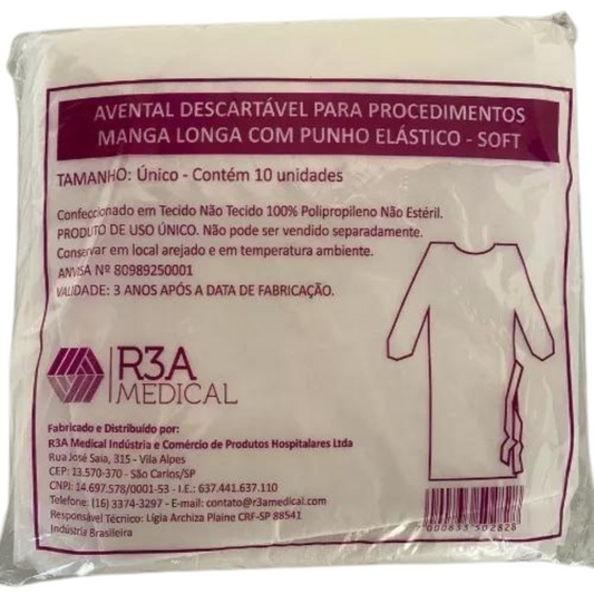 Pacote Avental Descartável Em TNT Manga Longa Com Punho Elástico Soft 10 Unidades