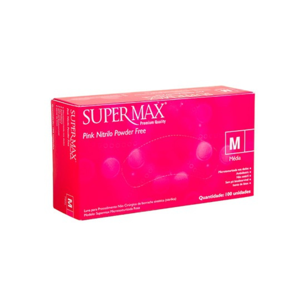 Caixa De Luvas Nitrílicas Super Max Tamanho M Com 100 Unidades Rosa