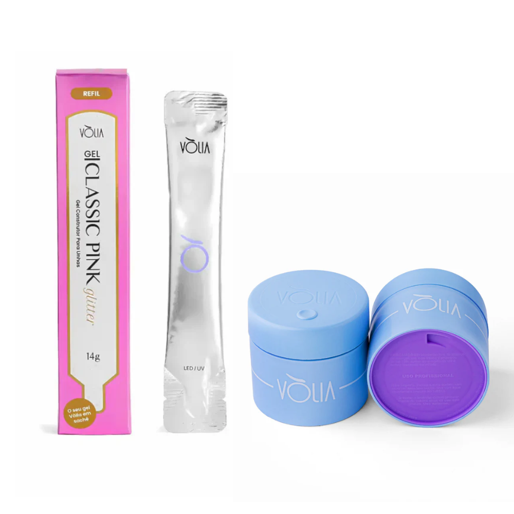 Kit Gel Refil Sachê Vòlia 14g Classic Pink Glitter + Pote Eco Vòlia 30g Azul Celeste