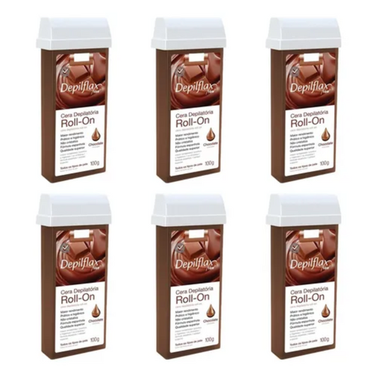 Kit 6 Refil Cera Depilatória Roll On Chocolate Depilflax 100g