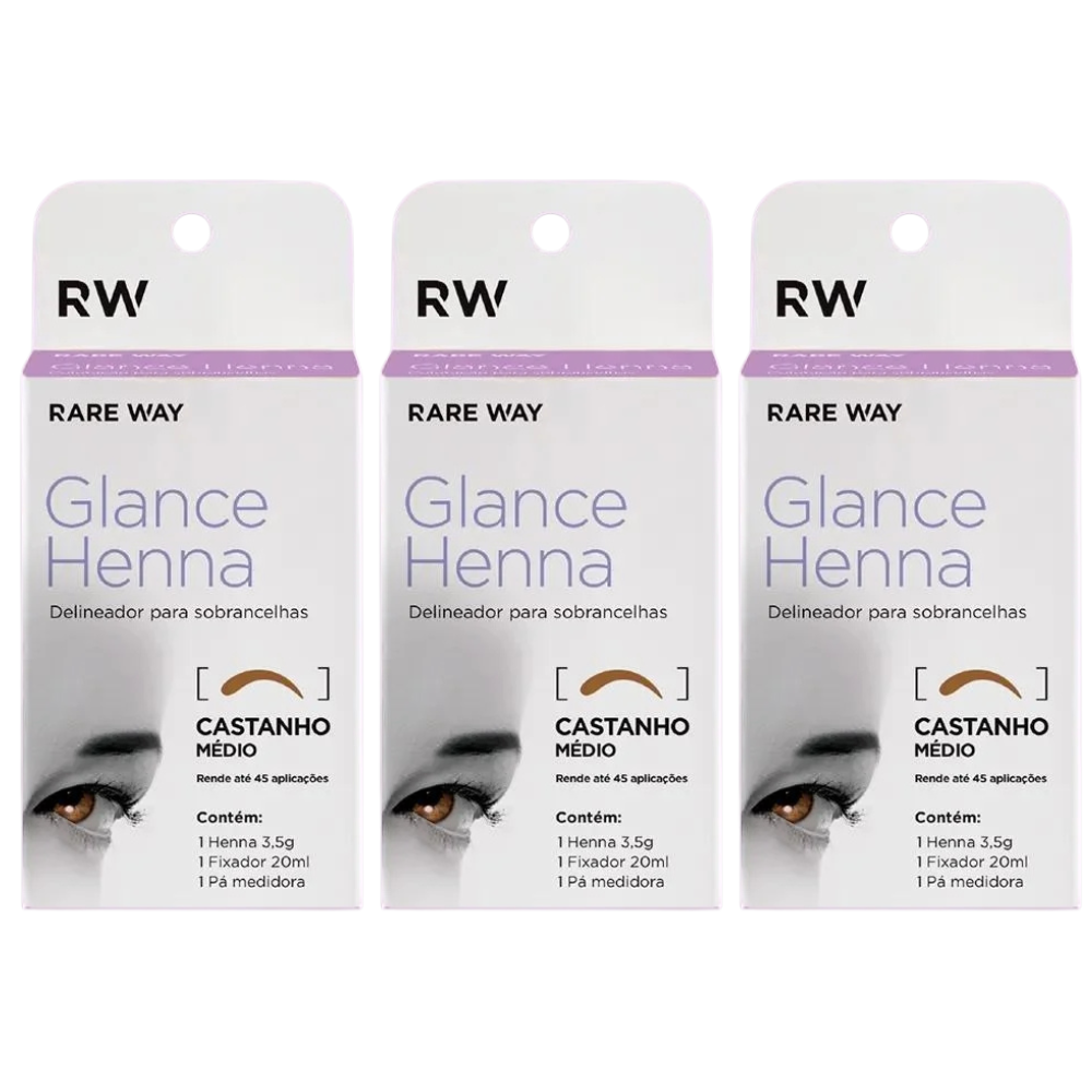 Kit 3 Hennas Glance Castanho Médio 3,5g  Rare Way
