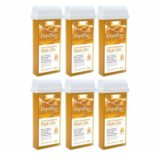 Kit 6 Refil Cera Depilatória Roll On Natural Depilflax 100g