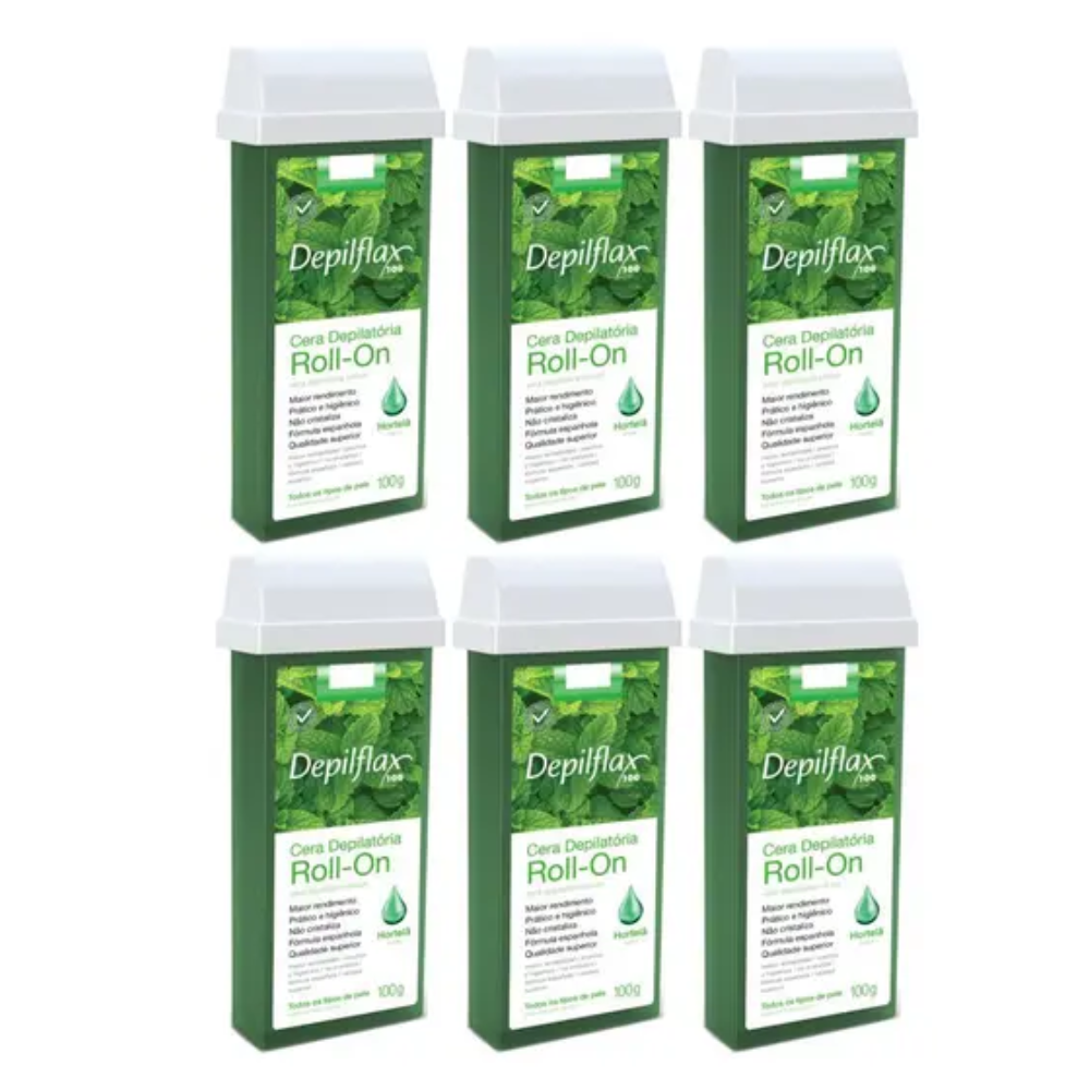 Kit 6 Refil Cera Depilatória Roll On Hortelã Depilflax 100g