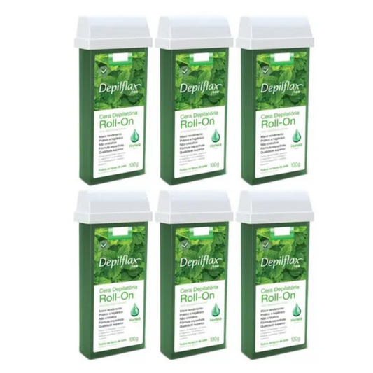 Kit 6 Refil Cera Depilatória Roll On Hortelã Depilflax 100g