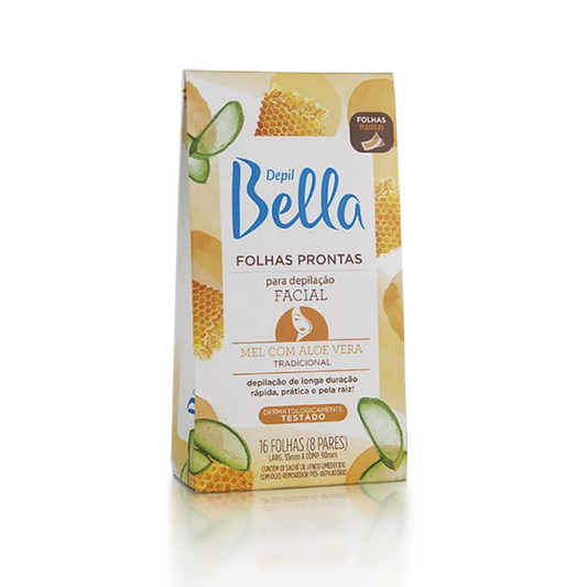 Cera Em Folhas Prontas Para Depilação Facial Mel Com Aloe Vera Depil Bella 16 folhas