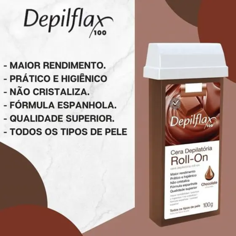 Kit 6 Refil Cera Depilatória Roll On Chocolate Depilflax 100g
