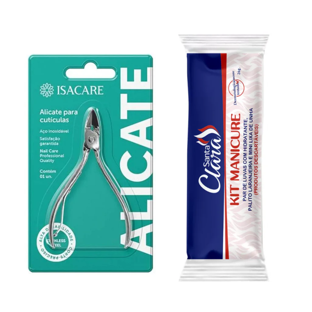 Kit Alicate Cutícula Aço Inoxidável Isacare Personal + Kit Manicure Descartável 4 Peças Santa Clara 1451
