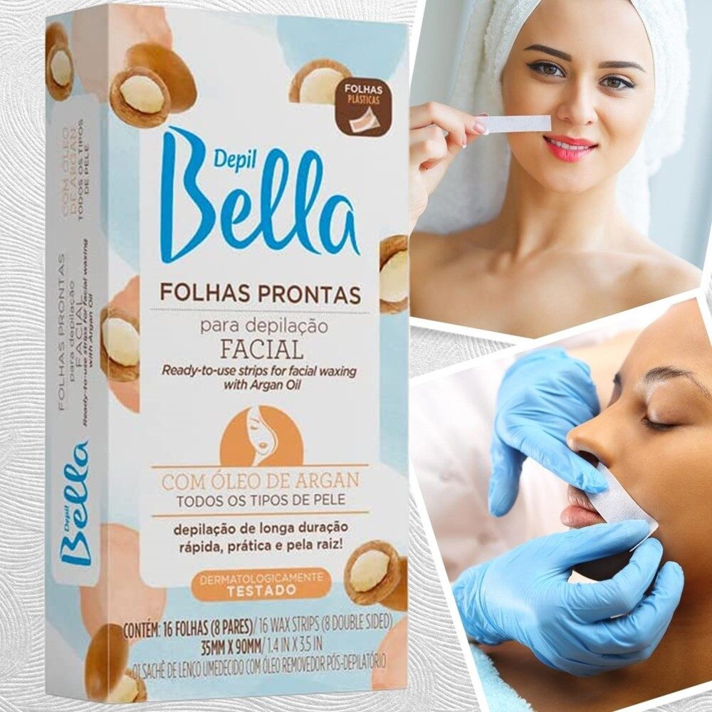 Cera Em Folhas Prontas Para Depilação Facial Com Óleo de Argan Depil Bella 16 folhas