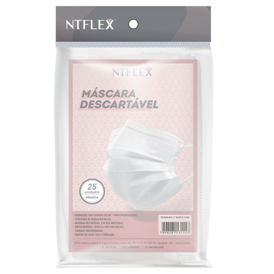 Pacote de Máscaras Descartáveis com Elástico 25 Unidades Ntflex