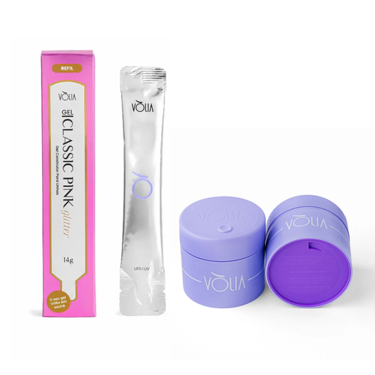 Kit Gel Refil Sachê Vòlia 14g Classic Pink Glitter + Pote Eco Vòlia 30g Lavanda