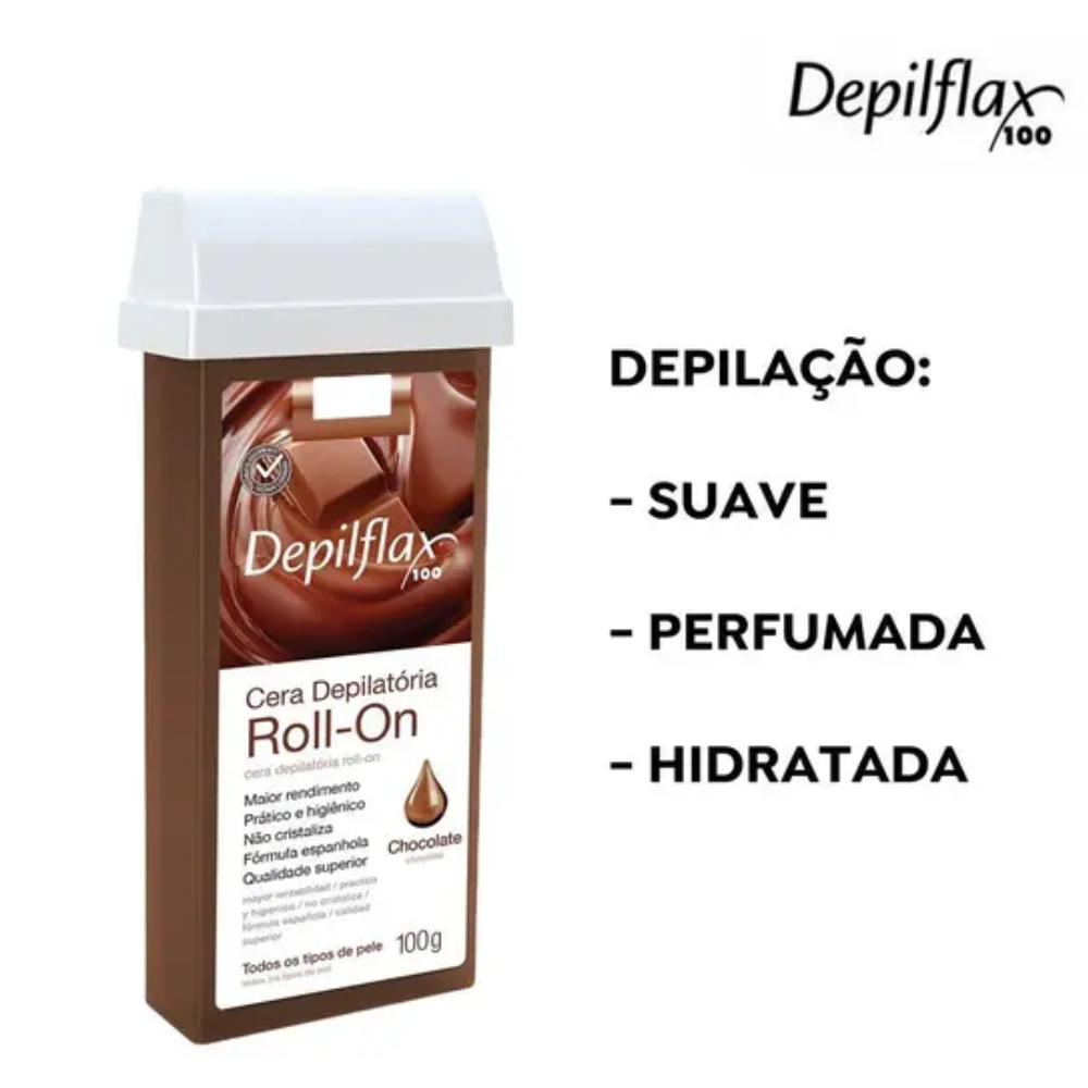 Kit 6 Refil Cera Depilatória Roll On Chocolate Depilflax 100g