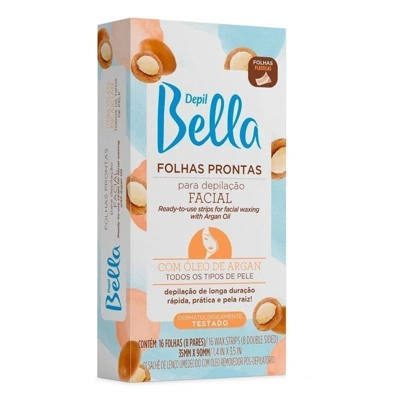 Cera Em Folhas Prontas Para Depilação Facial Com Óleo de Argan Depil Bella 16 folhas