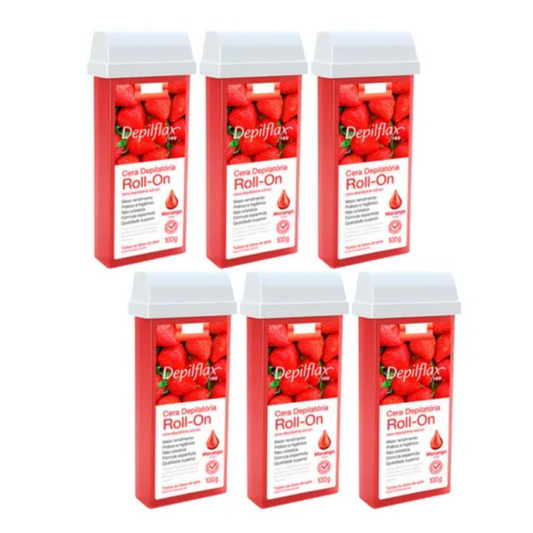 Kit 6 Refil Cera Depilatória Roll On Morango Depilflax 100g