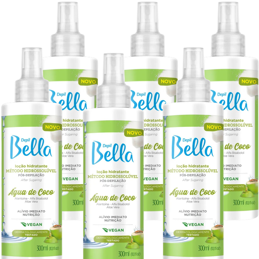Kit Com 6 Loção Hidratante Hidrossolúvel Água De Coco Pós Depilação Depil Bella 300ml